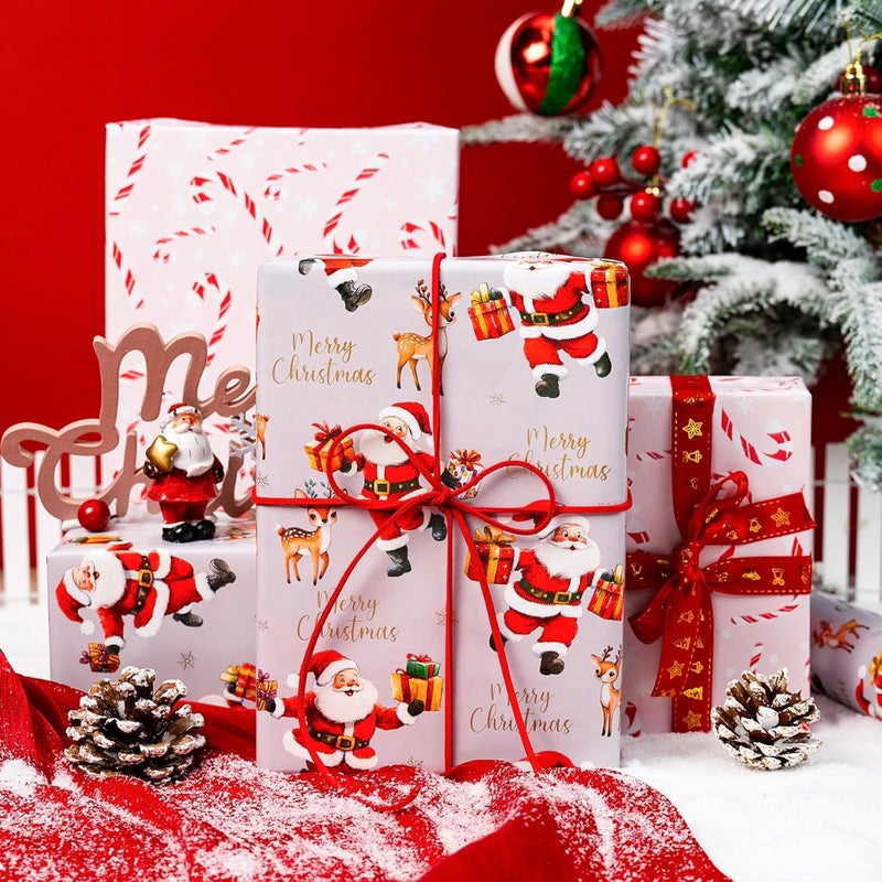 MAYPLUSS Reversible Christmas Wrapping Paper, Santa Wrapping Paper, Vintage Santa Claus with Cute Reindeer Themed Christmas Gift Wrap for Gift Packaging, Festive Decoration (17 Inch X 33 Feet) - Image 5